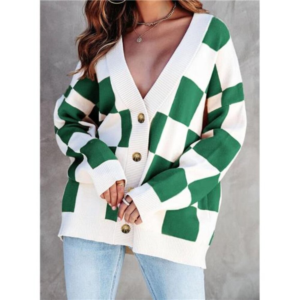 NEW Womens Plaid V Neck Button Down Long Sleeve Cable Knit Oversized Cardigan - Picture 6 of 6